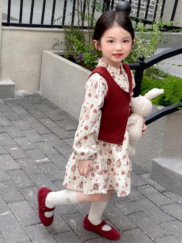 2025 Autumn Floral Dress & Sweater Vest Set for Girls – Fashionable Princess Outfit