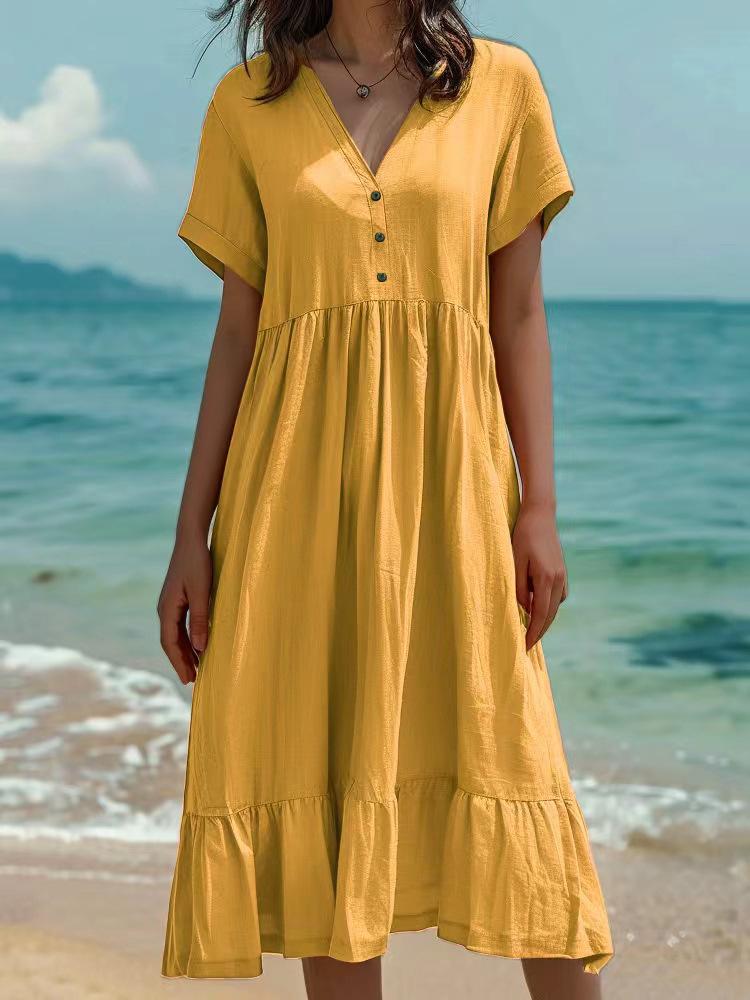 2026 Spring/Summer European & American Women's Solid Color Pleated Short Sleeve Fashion Dress