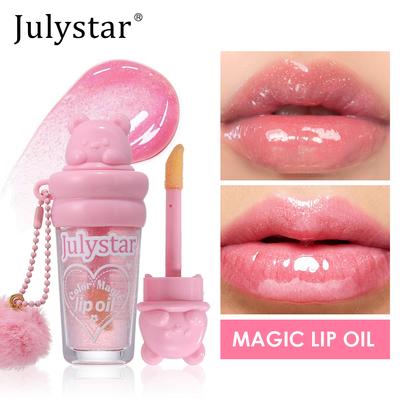 Süßes Bären-Design Lipgloss mit Pompon-Anhänger Rosa Farbwechselndes Lippenöl Feuchtigkeitsspendende Glänzende Glaslippen Make-up Geschenk