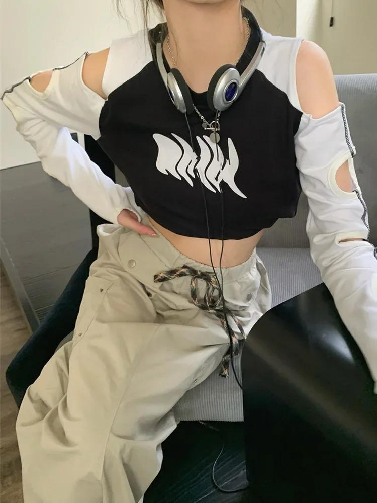 2024 Crop Top Langarm T-shirt Frauen Y2k Off Schulter Aushöhlen Grunge T-shirts Fee Koreanische Sexy Harajuku T-shirt