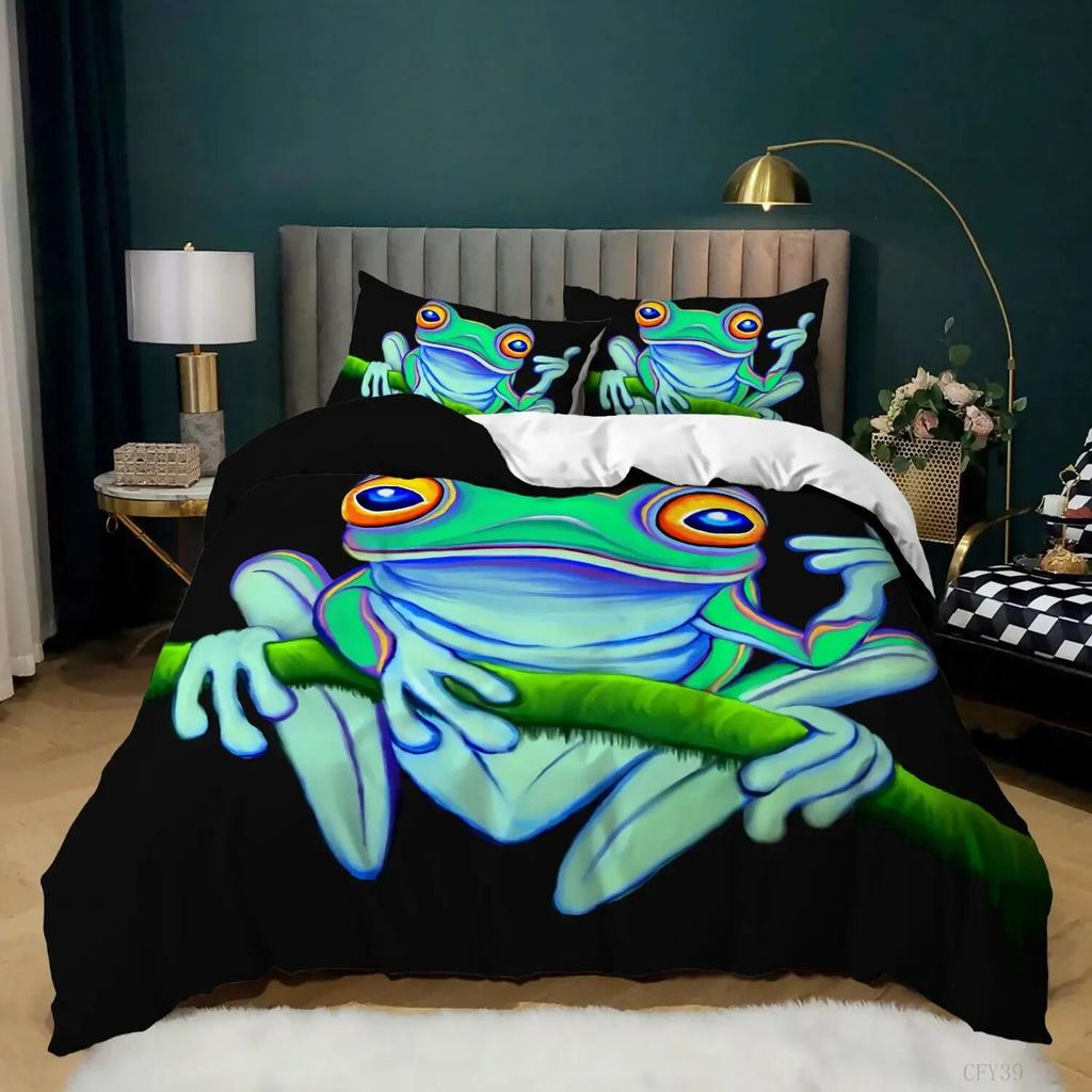 Frog Soft Duvet Cover Set Quen Sized Dimensions Funy Frog Tropical Amphibian Beding Set for Kid Tropical Nature Animal Comfortable Quilt Cover Warm