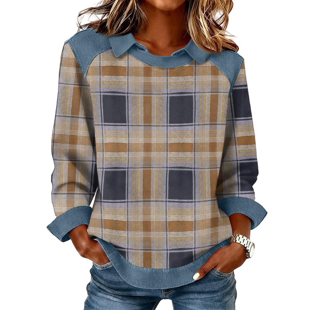 Felpa Casual da Donna Patchwork di Denim a Maniche Lunghe Svasate con Stampa