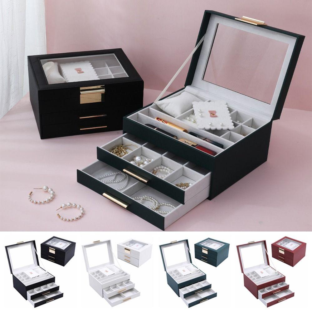 

3-Layer Jewelry Display Case Glass Lid Necklace Storage Box Practical Jewelry Box Home