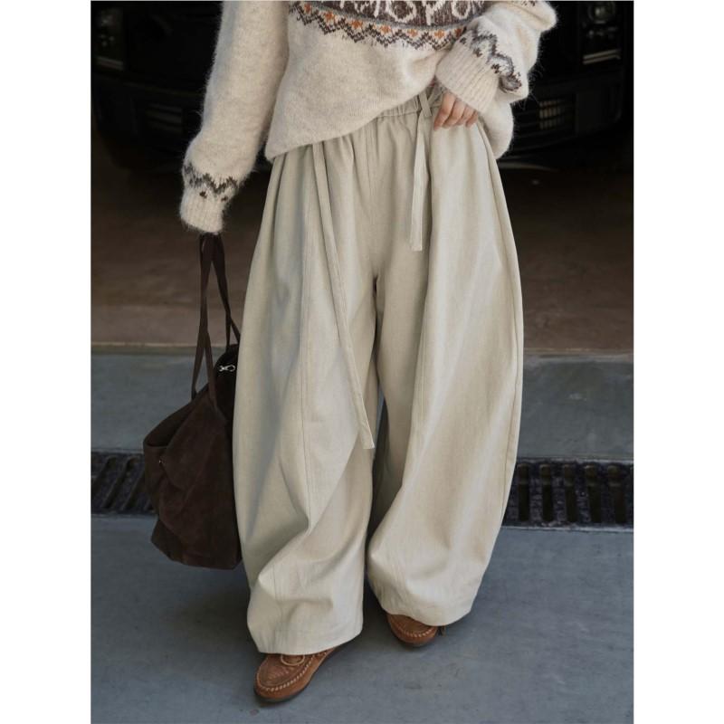 Johnature Winter Korean Style Retro Simple Elastic Waist Fleece Casual Wide-Leg Pants For Women Fashion Full Length Pants