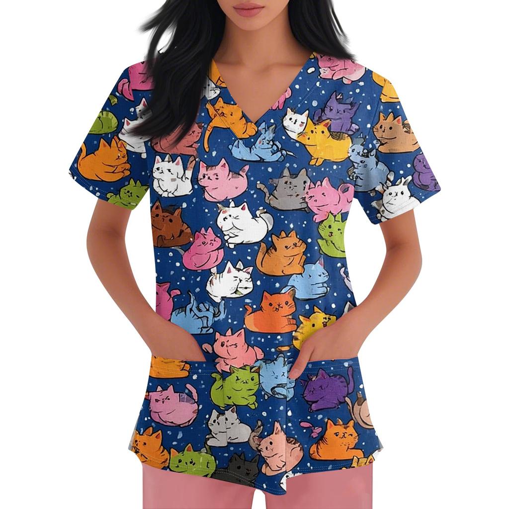 Women's V-neck Printed Short-sleeved Work Clothes With Side-slit Pockets And Uniforms