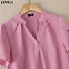 VONDA Summer Women V Neck Short Sleeve Solid Color Casual Blouse Tops