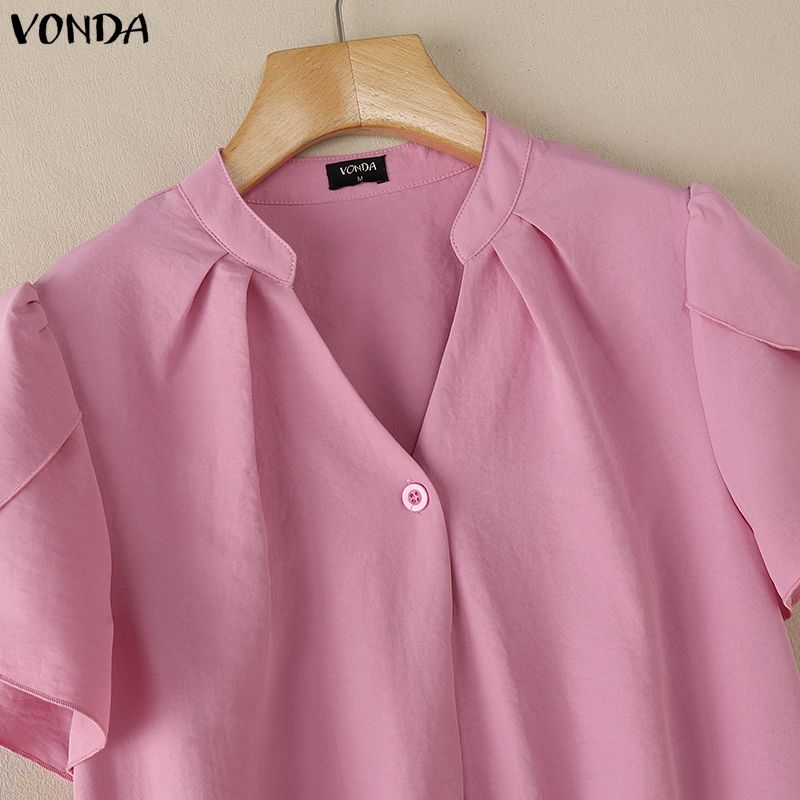 VONDA Summer Women V Neck Short Sleeve Solid Color Casual Blouse Tops