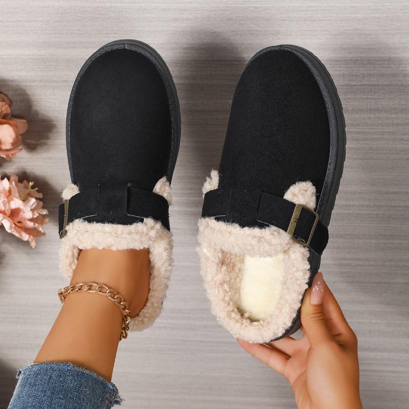 Cross-border New Belt Buckle Low-top Wool Cotton Shoes Women's Large Size Round Head Thick Sole Short Plush Rear Empty Snow Boots