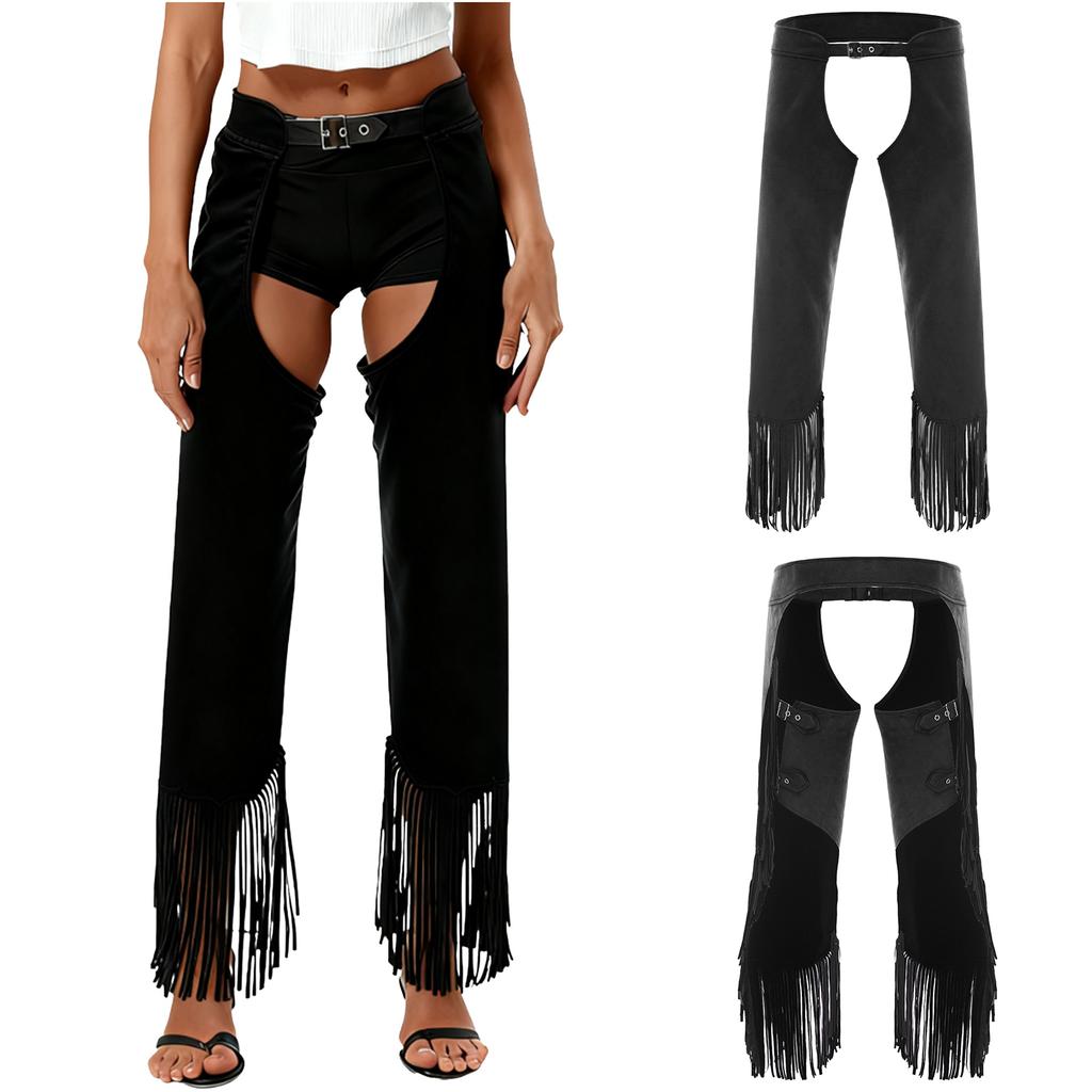 Women‘s Open Crotch Cowgirl Chaps S-3XL: Suede Fringe Pants with Buckle Closure, Perfect for Halloween & Rodeo Theme Party