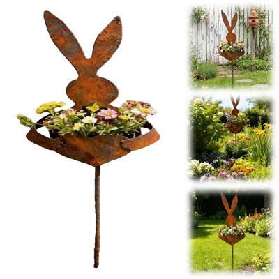 Bunny Yard Stake Plant Holder Rustic Patina Finish Rabbit Silhouette Bunny Planters for Outdoor Plants for Garden Patio Spring