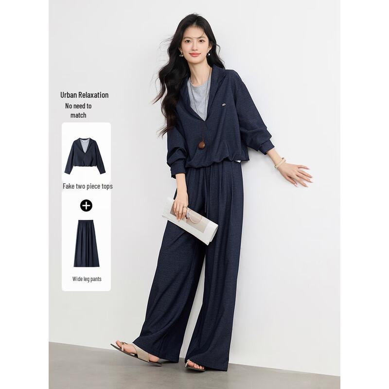 Women s Relaxed Faux Two-Piece Top & Wide-Leg Pants Set XL