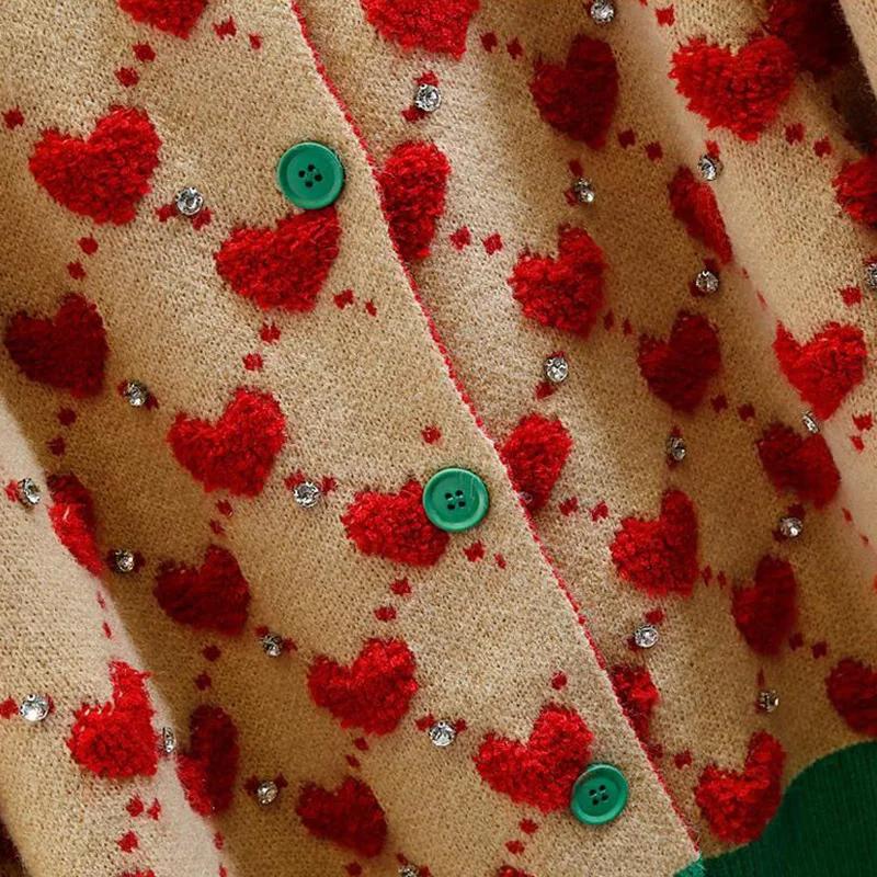 Srdíčkový kostkovaný viskózový vlněný silný O-výstřih vintage pletený dámský kardigan svetr jednořadé zapínání krátký kardigan pro ženy