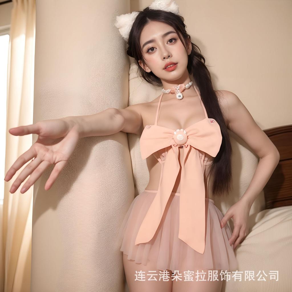 New sex underwear pink bow chest pad three-point pure desire temptation splicing mesh perspective free qqny