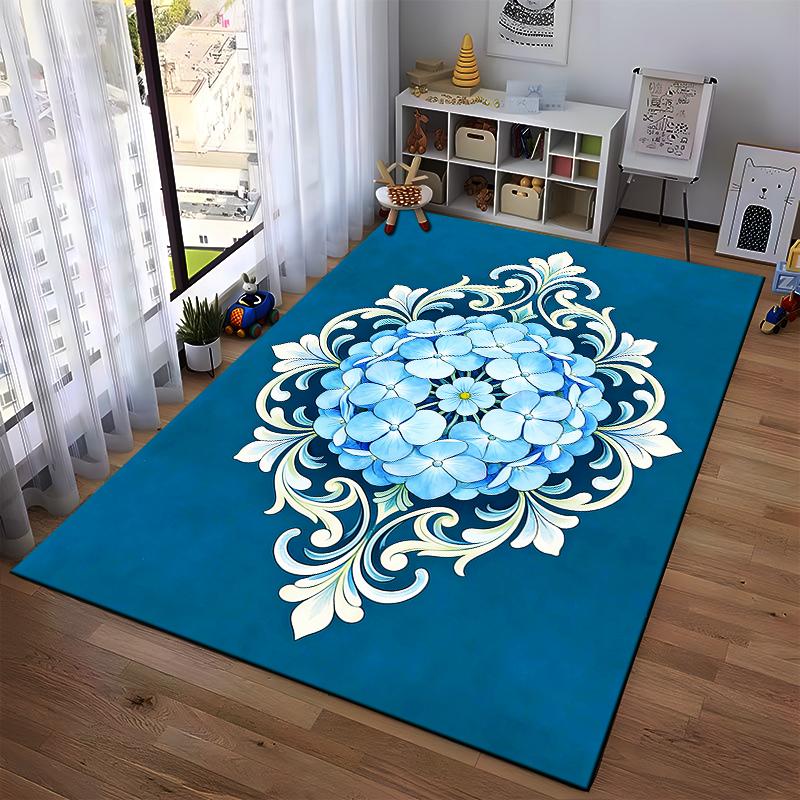 Blaues Blumen-Mandala-Design Teppich, Elegante Heimdekoration, Wohnzimmerteppich Geeignet für die Verwendung als Antirutsch für Wohnzimmer Schlafzimmer Sofas
