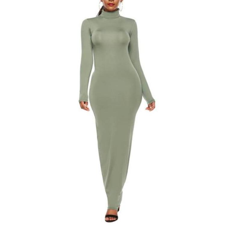 Stretchy Bodycon Long Dress Solid Color Turtle Neck Casual Womens Long Sleeve