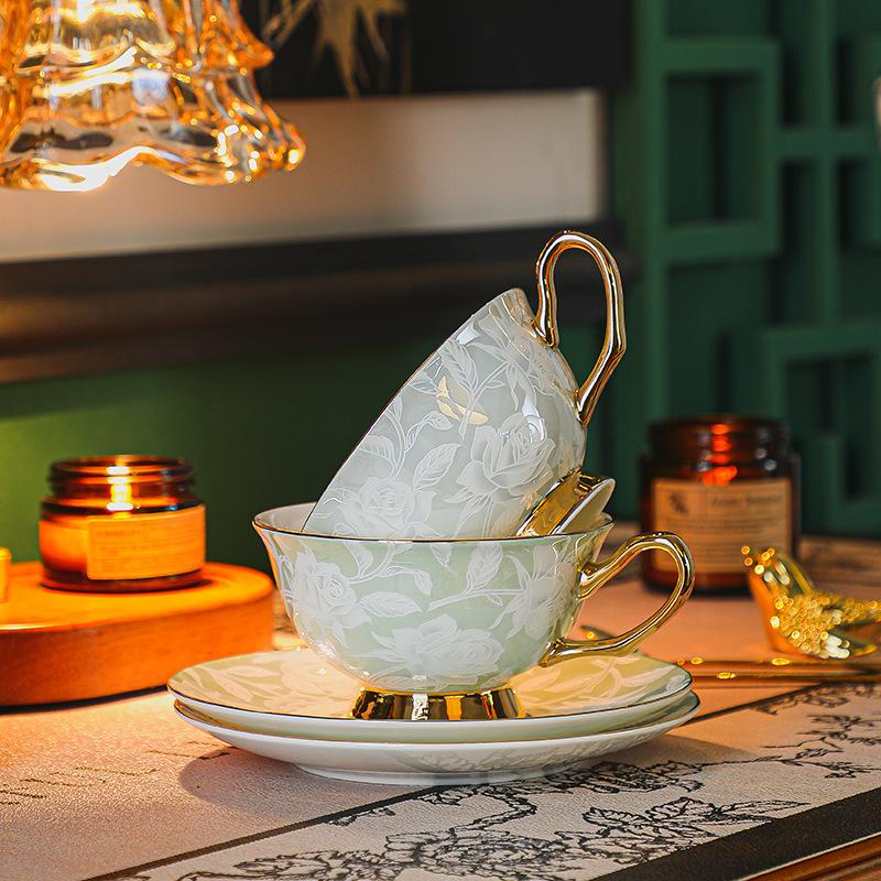 Embossed flower European ceramic bone china coffee cup saucer set retro afternoon tea tea set tea cup gift box set