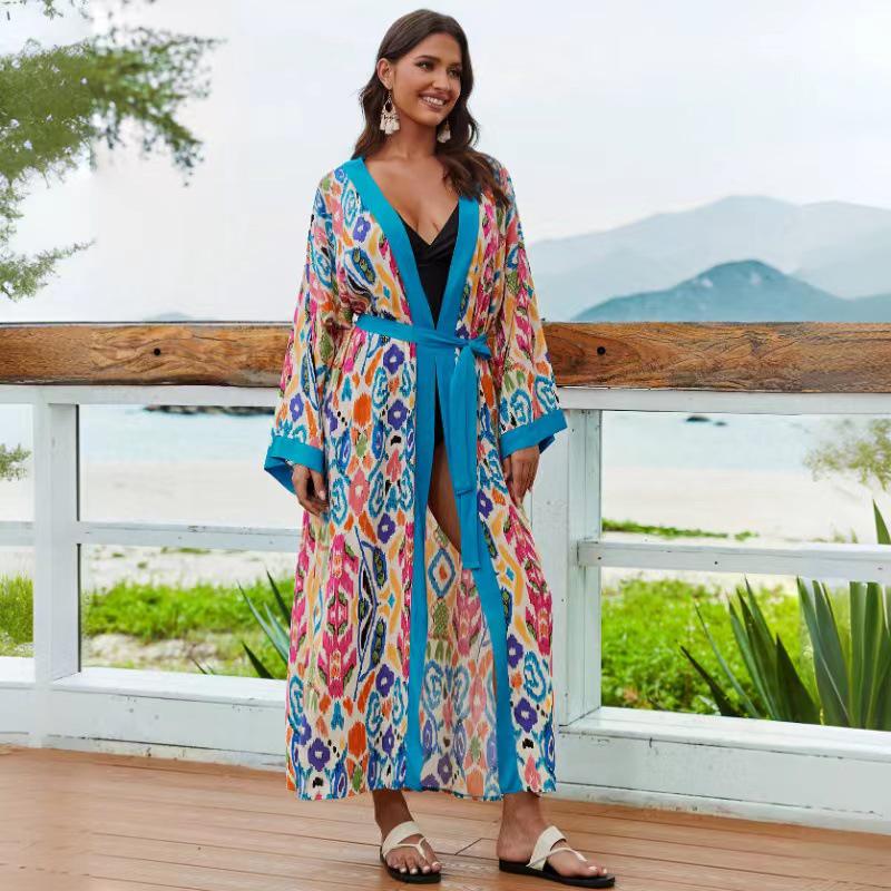 2024 European-American Rayon Beach Cover-up Cardigan: Bikini Swimsuit Sunscreen Shirt