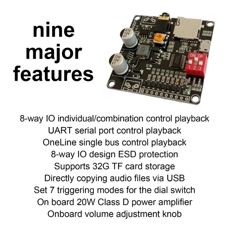 20W Voice Playback Module 6-35V Sound Board USB Downloadable Music Player 24bit Output MP3 WAV Support for Broadcast