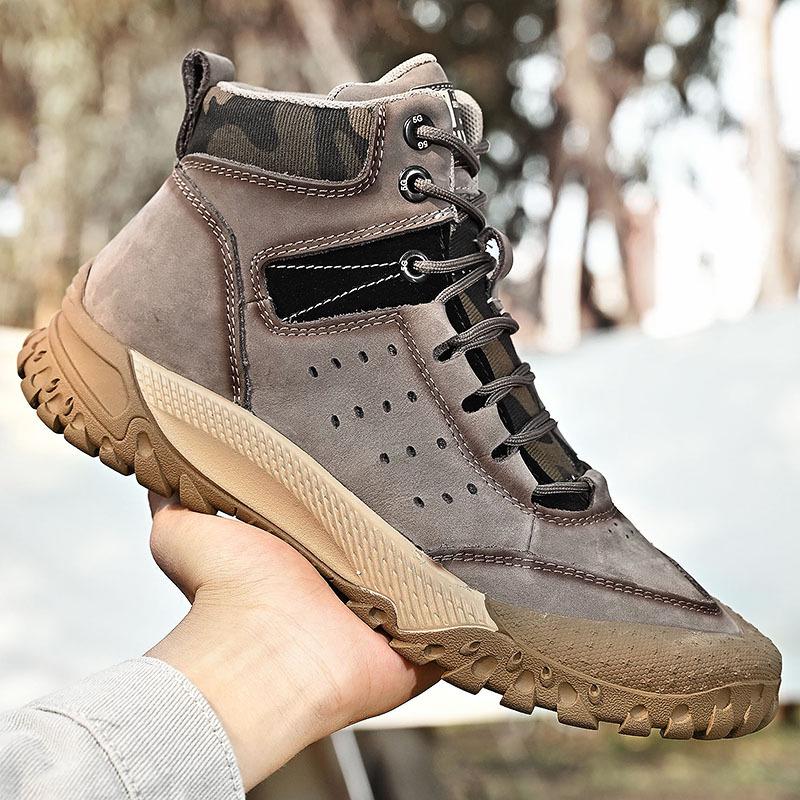 Men's Waterproof Genuine Leather High-top Hiking Shoes - Anti-slip, Warm, Plus Velvet, Thick Sole