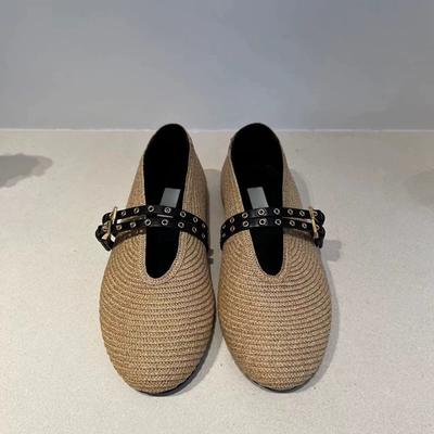 Leder Französisches Stroh Doppelter Ein-Wort-Riemen Runde Spitze Flache Ballerinas Damen 2025 Frühling Mary Jane Schuhe