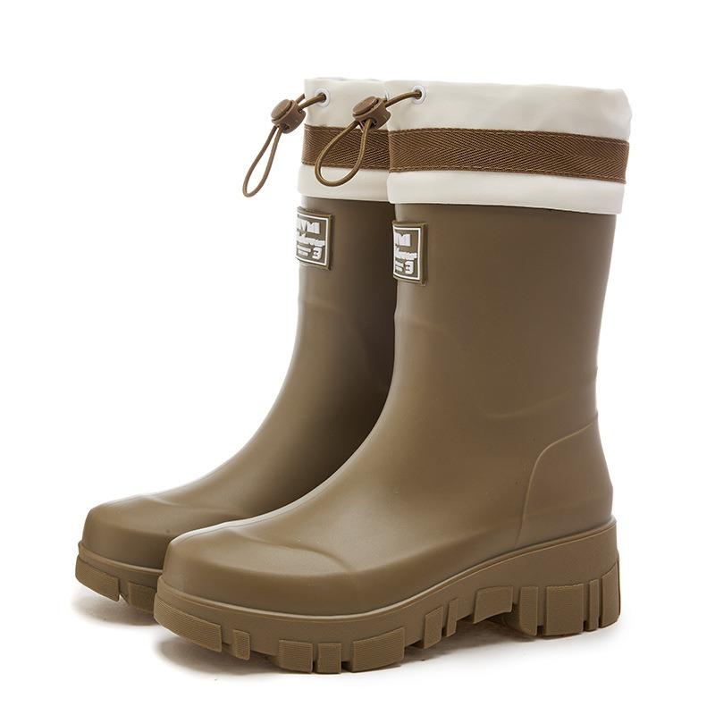 New Rain Shoes Women's Non-slip Thick-soled Outdoor Camping Medium Tube Rain Boots Waterproof Glue Shoes Platform Fashion Velvet
