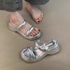Slippers summer new silver round head with muffin platform beach sandals slope heel versatile sandals