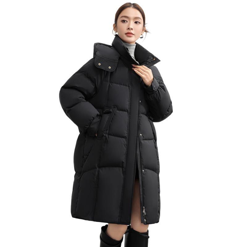 New Down Jacket Women's Winter Thermal Clothing Medium and Long Loose Duck Down Hooded Thermal Jacket Feeling