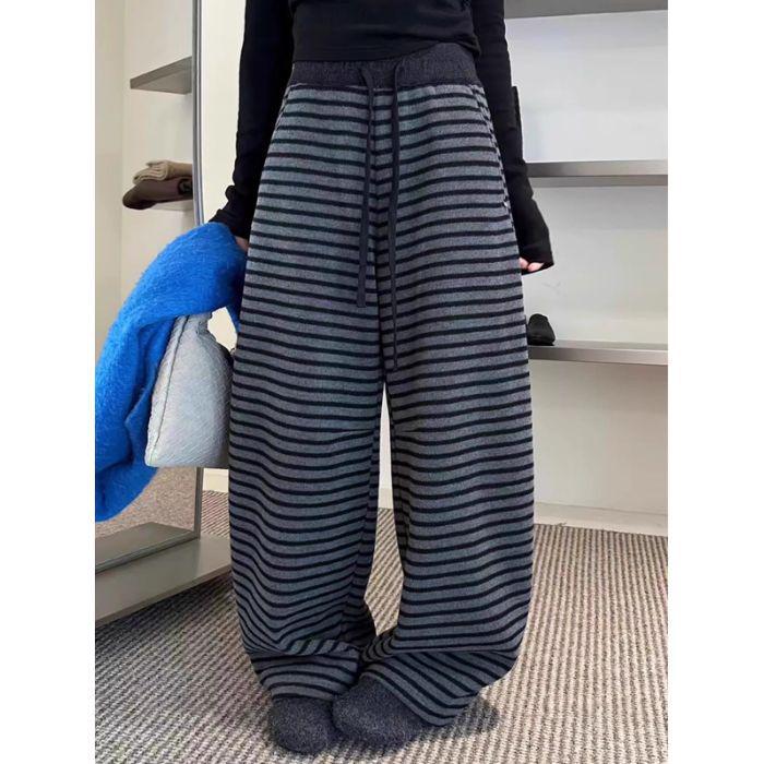 European Striped Fleece-Lined Wide-Leg High-Waisted Pants – Women s Autumn/Winter 2025 Trendy Slimming Trousers 2XL