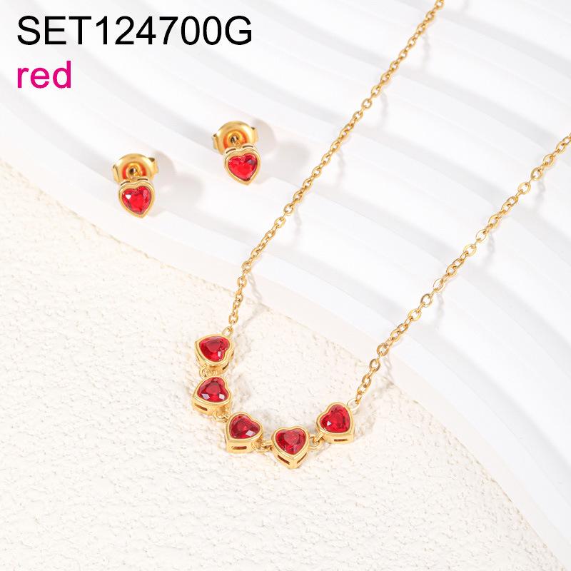 Heart-Shaped Zirconia Necklace & Earring Set - Titanium Steel Clavicle Chain, Red/Green/White