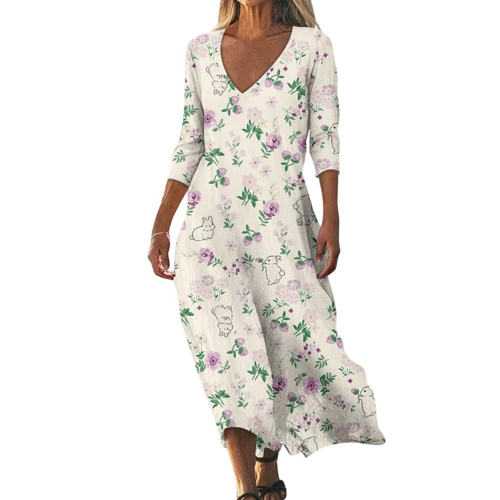 Dresses For Womens Vintage Print Tunic Waisted Midi Dress Summer Casual  3/4 Sleeve Dress
