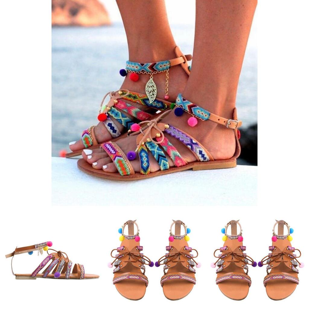Elegantní Dámské Boho Sandály Gladiator Kožené Ploché Boty S Barevnými Pompony
