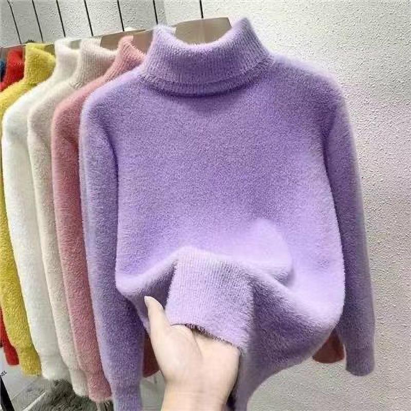Women's Turtleneck Sweater Faux Mink Women Solid Plush Thickened Warm Bottoming Shirts Basic Knitwear Thermal Pullovers