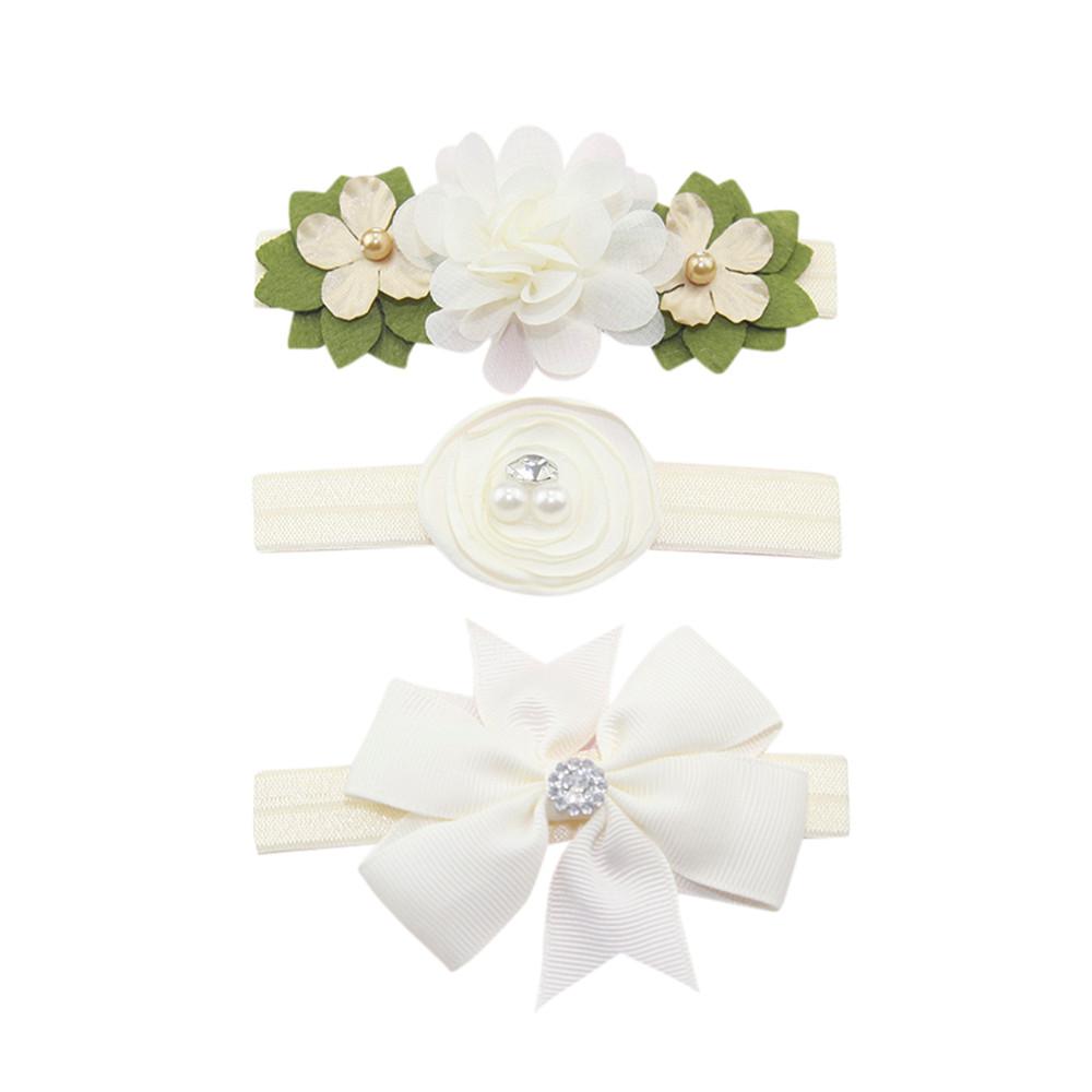 3Pcs Kids Elastic Floral Headband Pearl Hair Girls Baby Bowknot Hairband Set