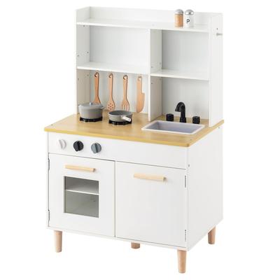Bon Furniture Kuchnia do zabawy Drewniana kuchnia z przyborami kuchennymi Zabawka edukacyjna Zestaw do zabawy Mini kuchnia Szafka 2w1 Kuchnia zabawka Prezent Biały Naturalny