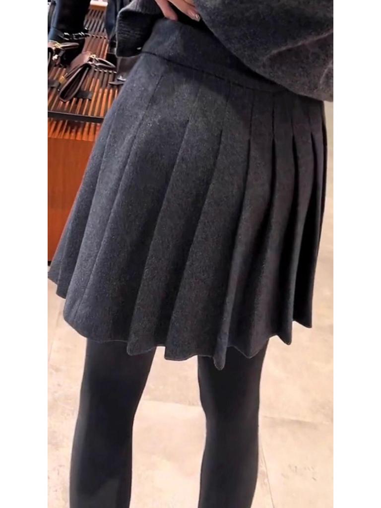 Plus Size Grey Wool-Blend A-Line Pleated Skirt – High Waist, Slimming, Short for Petite Chubby Women, Spring/Autumn
