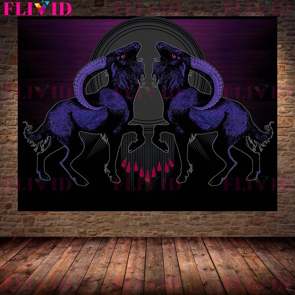 Bloodthirsty Lamb And Snake,Owl Vintage Terrible Animal Wall Art Canvas Painting Owl And Goat Man Abstract Poster Print Decor No Frame