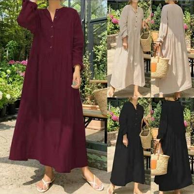 Women's Elegant Solid Cotton Robe Femme Spring Autumn Bohemian Maxi Dress Casual Long Sleeve Shirt Dresses Plus Size
