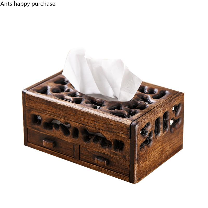 Cutie de depozitare multifuncțională din lemn masiv, retro, pentru sufragerie, masă de cafea, tavă pentru desktop, creativă, pentru uz casnic, cutie de depozitare pentru șervețele goale