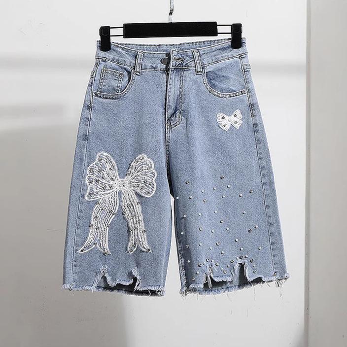 Summer new high waist and thin fashion versatile ripped denim shorts women s French fashion wide leg medium pants S