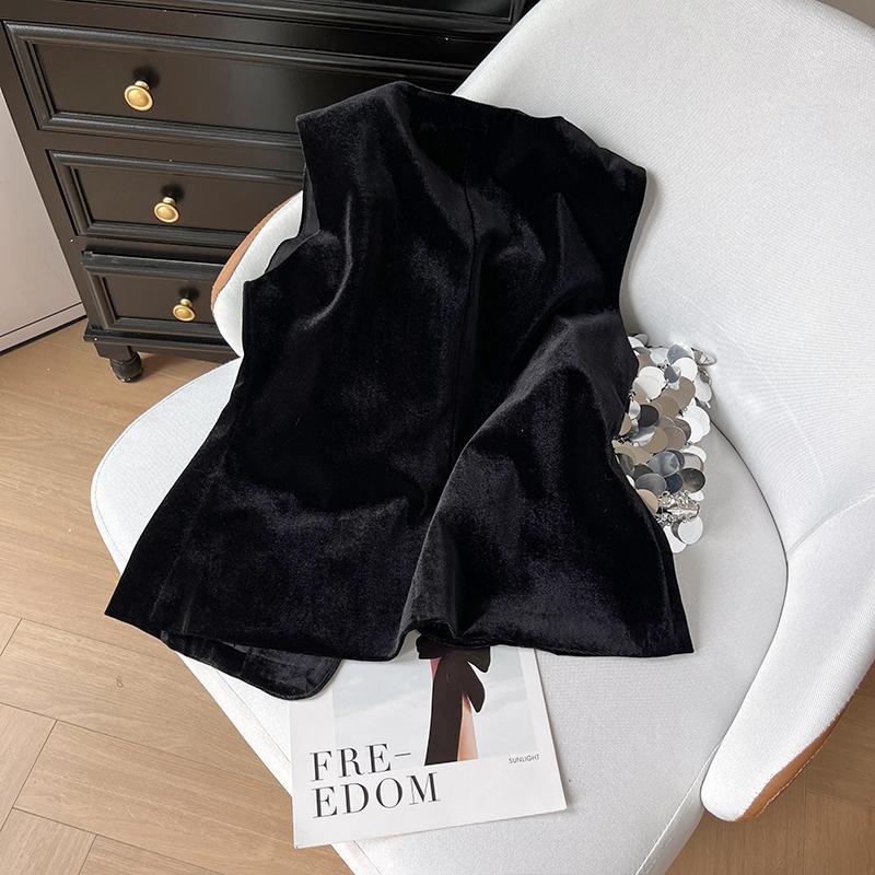 Retro simple vest women's velvet top round neck sleeveless button-up vest