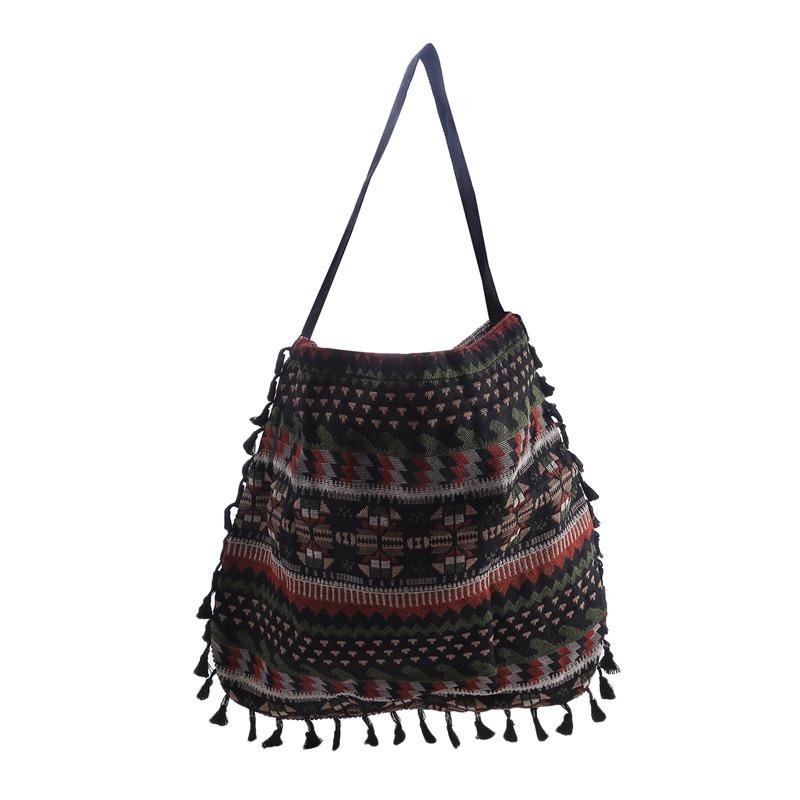 Women'S Canvas Bag Ethnic Style Shoulder Bag Cotton Linen Handbags Fashion Fringed Shoulder Bag Literary Style Large Capacity Handbags