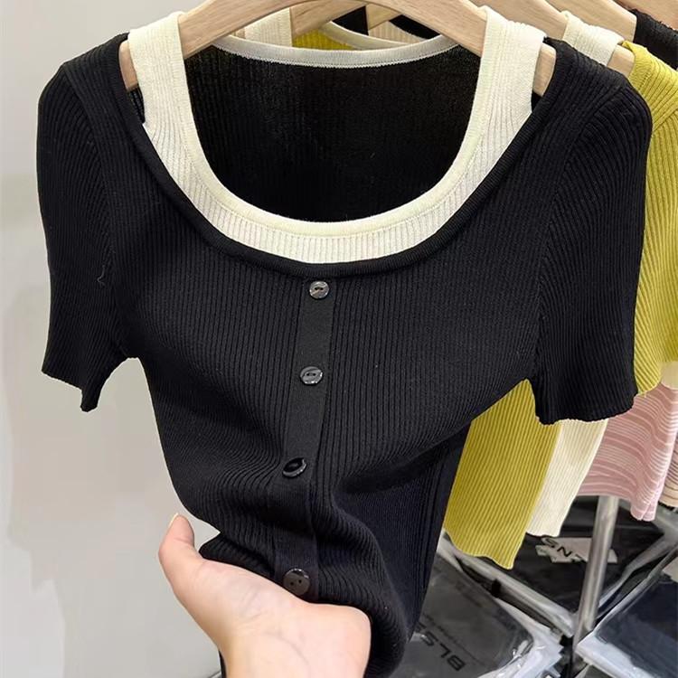 

Трикотажная женская рубашка с короткими рукавами, летняя, уникальный шикарный дизайн, Sense False, двухкомпонентная короткая верхняя часть, рубашка, женская, повседневная, облегающая, пуловеры, футболки One Size чёрный