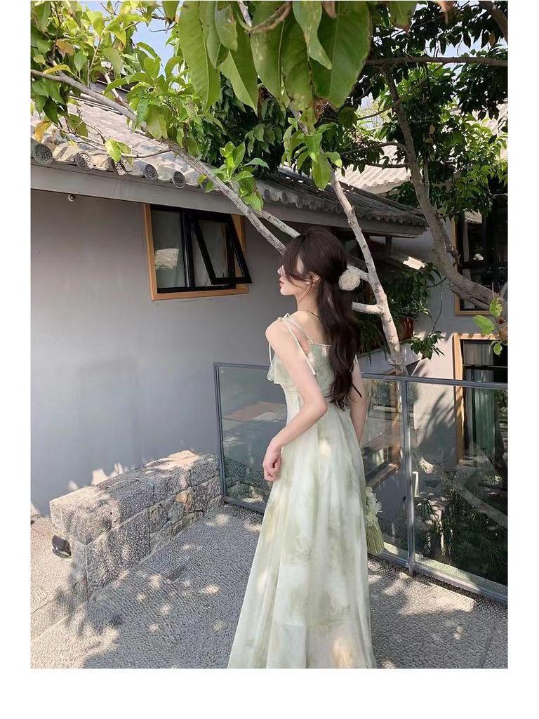 2024 Korean Style Sleeveless Ruffled Print Long Slim Fit Dress
