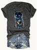 Neon Glow Kitten Women's Tee - Futuristic Cat Graphic, Casual Black Top