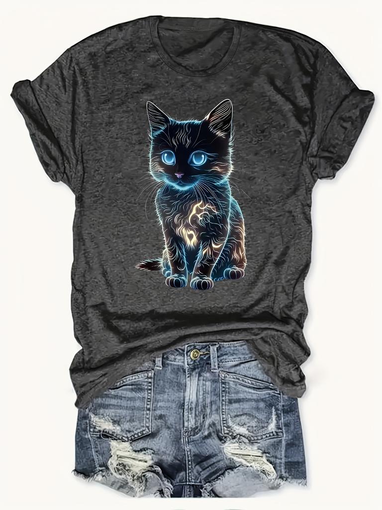 Neon Glow Kitten Women's Tee - Futuristic Cat Graphic, Casual Black Top