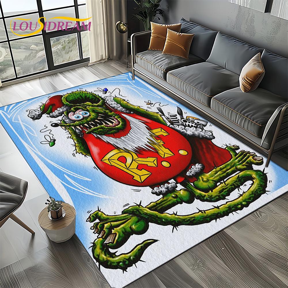 RF Funny Rat Fink Cartoon Motorcycle Sign Carpet Rug for Living Room Bedroom Home Sofa Decoration,Area Rug Non-slip Floor Mat