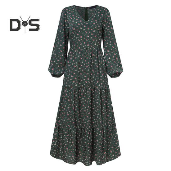 Senhoras vestido com decote em v flor impressão uma linha solta bainha longa lanterna manga pulôver plissado cintura alta apertada senhora primavera outono maxi vestido