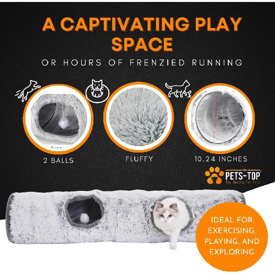 Cat Tunnel Collapsible Long Plush – Cat Crinkle Tunnel – Cat Tunnel for Indoor Cats – Cat Tube Cute Cozy Pet Play for Hours of Fun (47" / Pearl