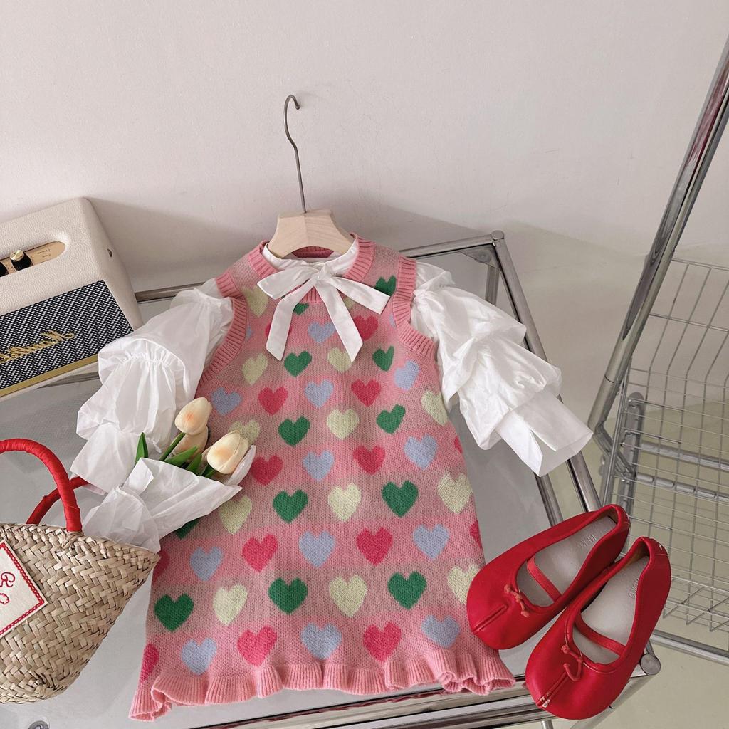 Girls' Korean-Style Knitted Puff Sleeve Bow Dress - Spring 2025 Princess Collection