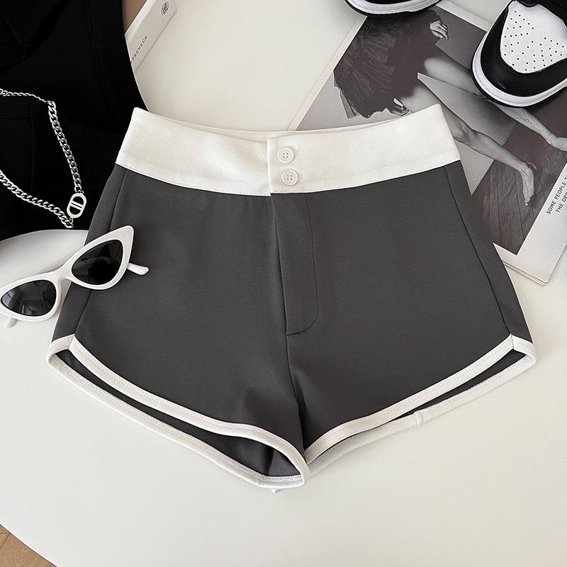 

Универсальные шорты-костюм с контрастным цветом, на двух пуговицах, с высокой талией, для похудения, с широкими штанинами, повседневные брюки для женщин на лето XL серый